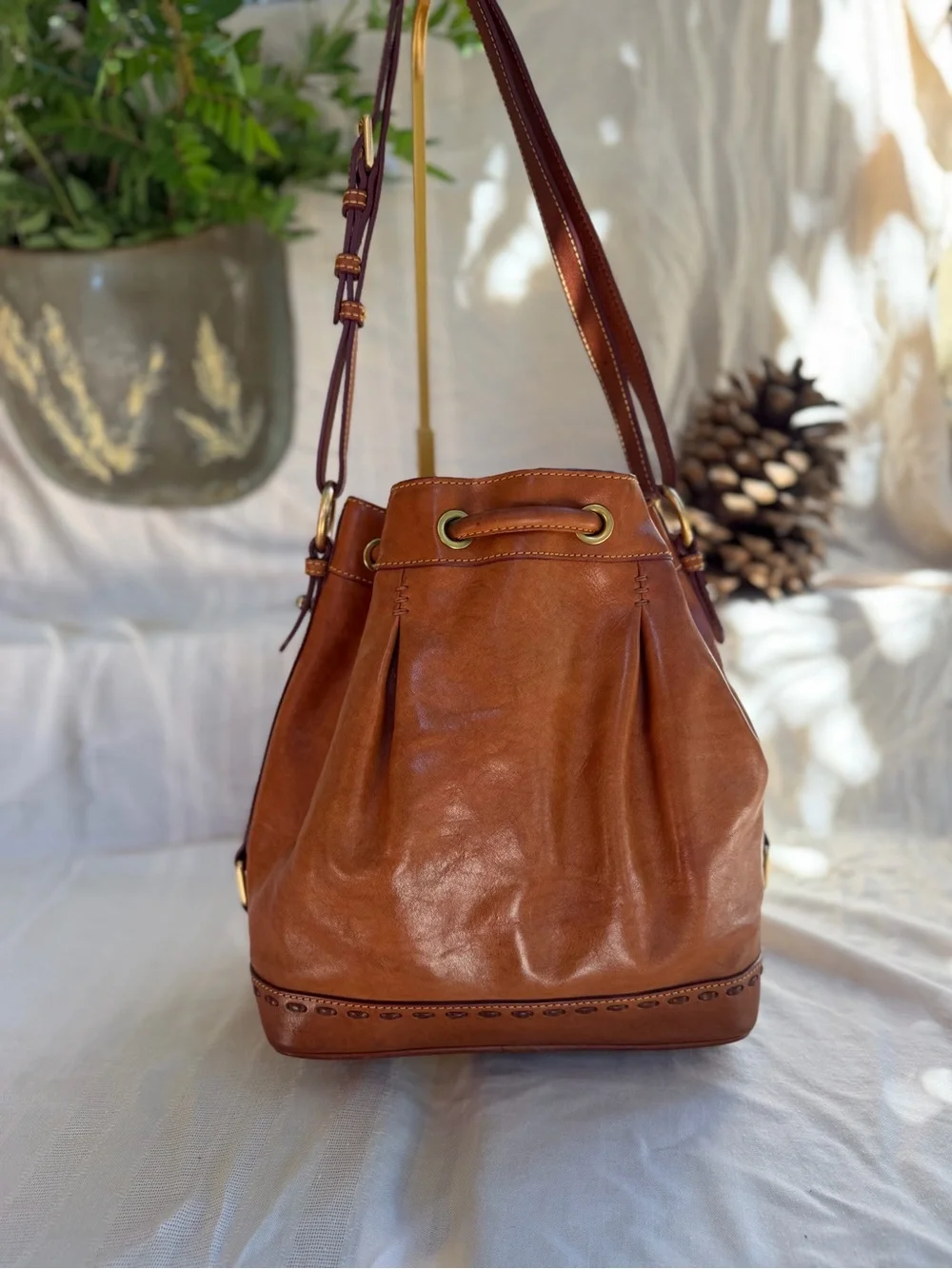 Dooney & Bourke Brown Leather Drawstring Bucket Shoulder Bag